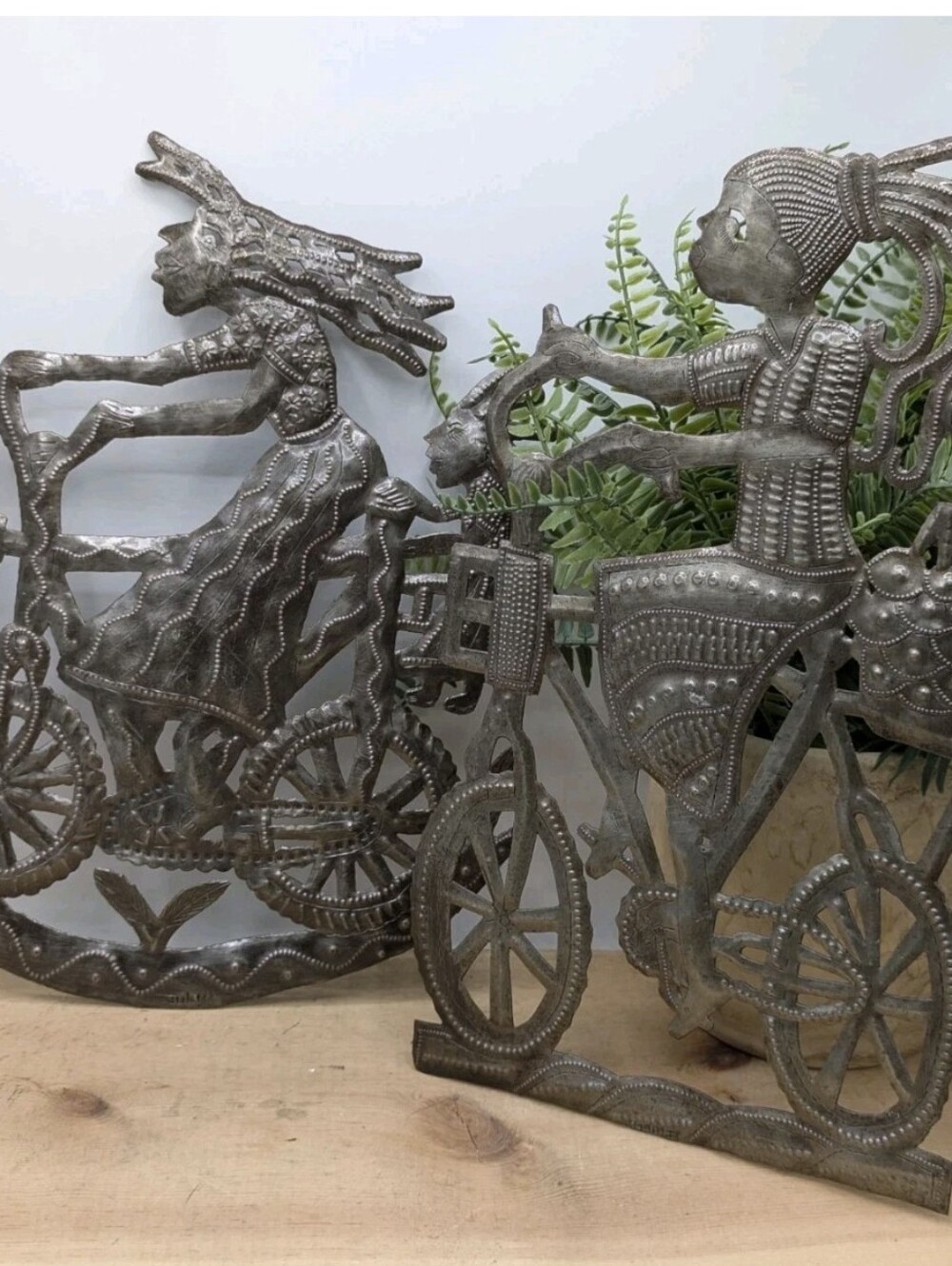 Haitian Recycled Steel Mom And Daughter On A Bike + Girl Shopping On A Bike